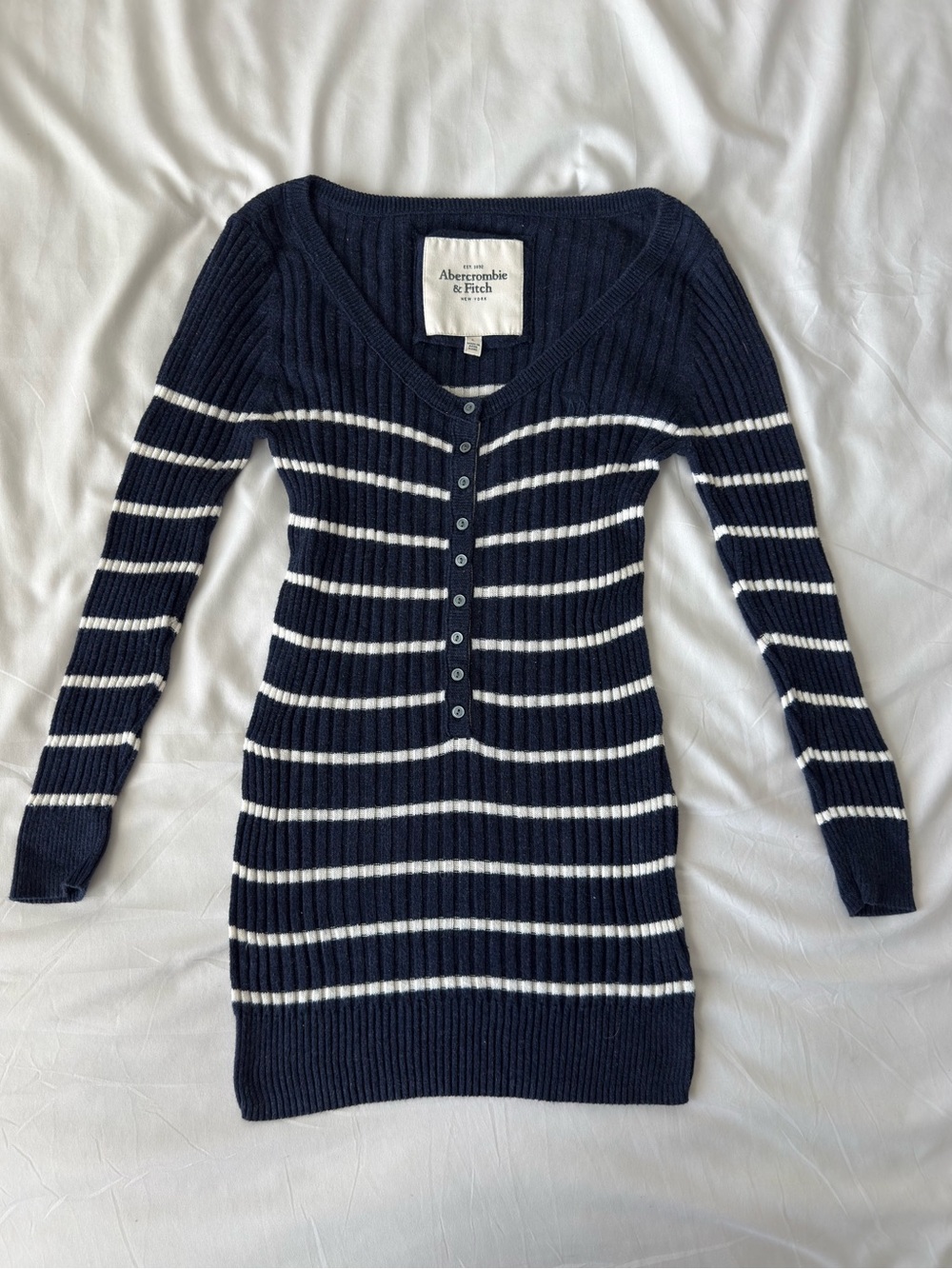 Y2K Abercrombie Striped Henley Top Large Navy White Stripe Cotton Knit Twilight